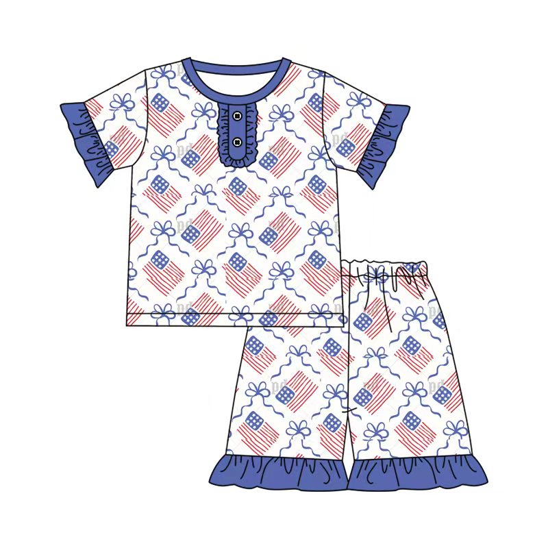 Preorder (moq 5)Baby Girls Bows Flags Checked Button Top Ruffle Shorts 4th of July Clothes Sets