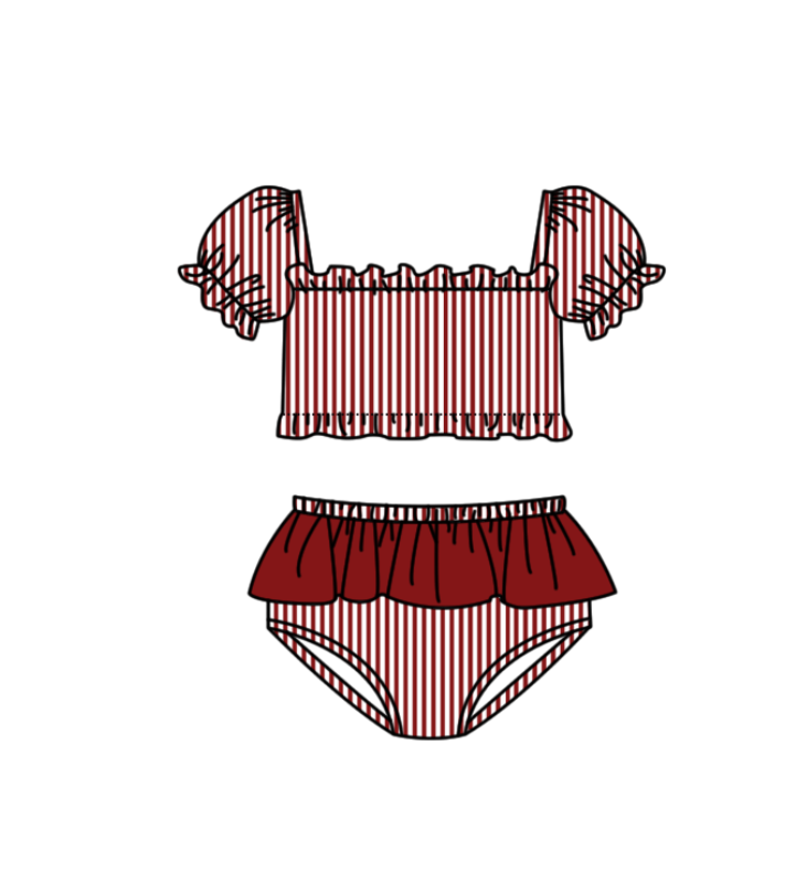 Preorder moq 5 Baby Girls Red Stripe Vest Top Bummies Short Team Swimsuits