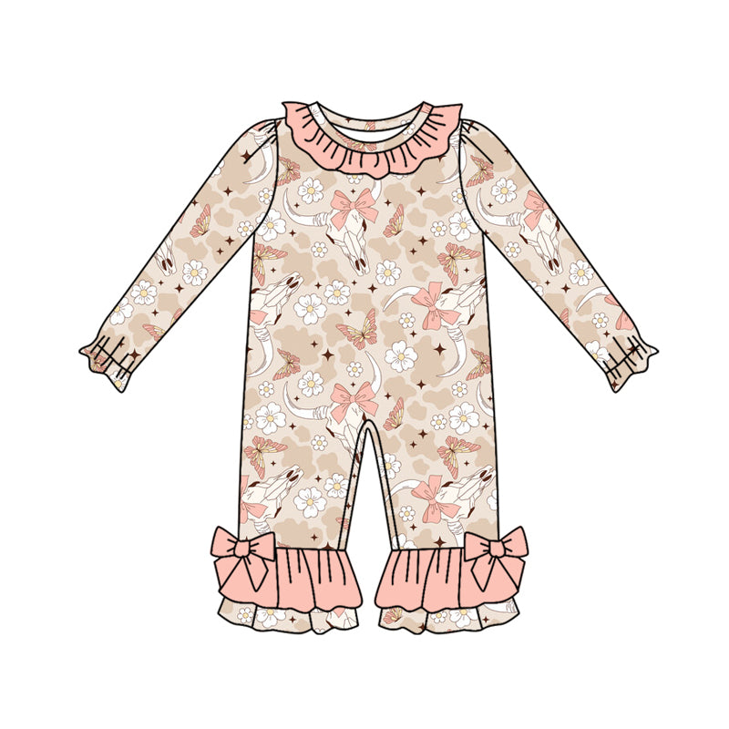 Preorder(moq 5)Baby Infant Girls Peach Camo Bull Skull Flowers Ruffle Pant Rompers