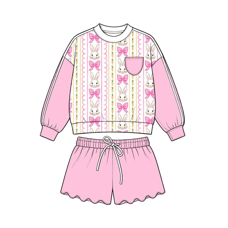 Preorder (moq 5) Girls’ All-Over Bow & Bunny Print Cropped Sweatshirt & Wavy Ruffle Shorts 2-Piece Sweet Pink Set