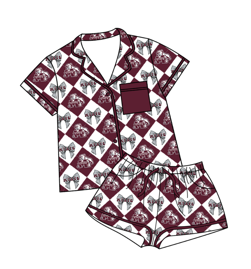 Preorder moq 5 Baby Girls M State Bows Button Pocket Top Shorts Team Pajamas Set