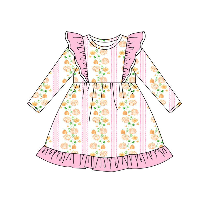 Preorder (moq 5)Baby Girls Pink Long Sleeves Pumpkins Stripe Knee Length Dresses