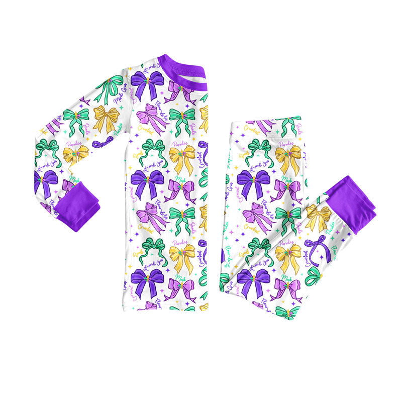 Preorder(moq 8)Baby Girls Mardigras Bows Stars Top Pants Pajamas Sets