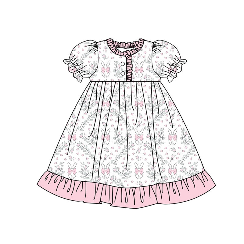 Preorder (moq 5)Baby Girls Flowers Rabbits Button Ruffle Easter Knee Length Dresses