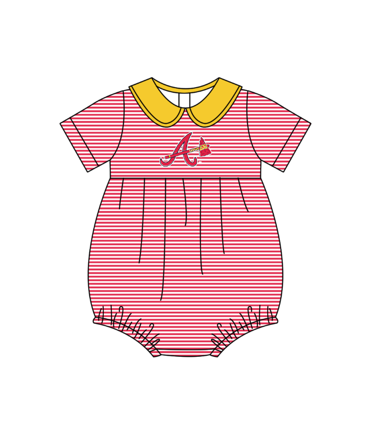 Preorder (moq 5)Baby Boys Short Sleeve Atlanta Braves Stripe Team Ruffle Rompers