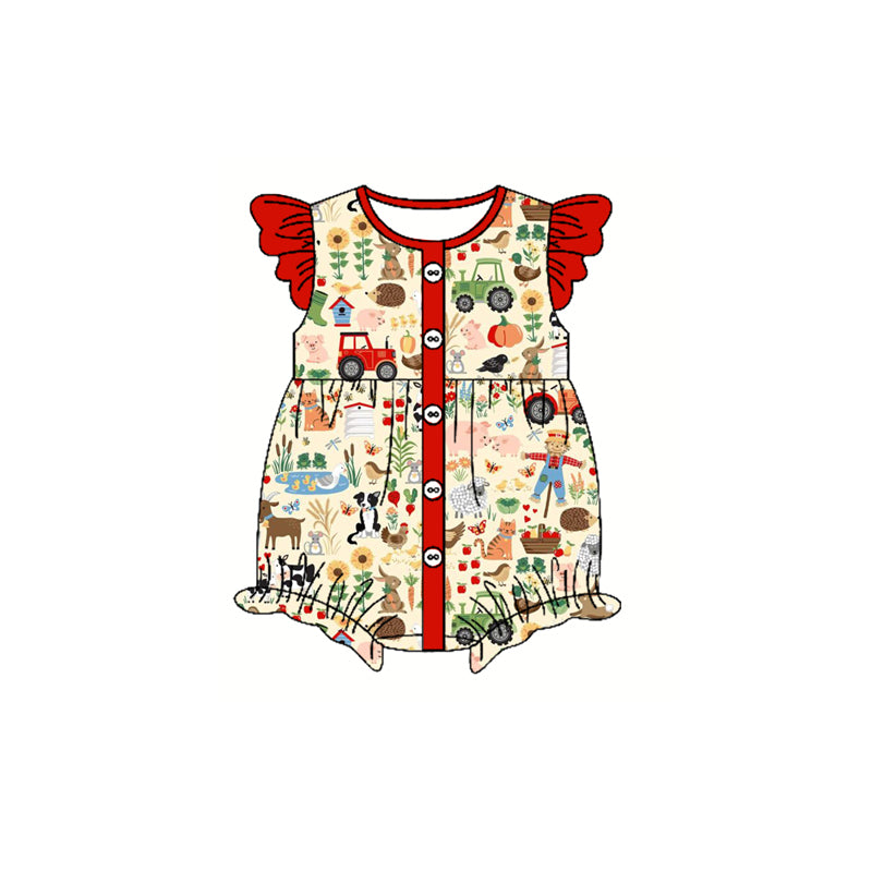 Preorder(moq 5)Baby Infant Girls Red Flutter Sleeves Button Top Cows Pigs Summer Farm Rompers