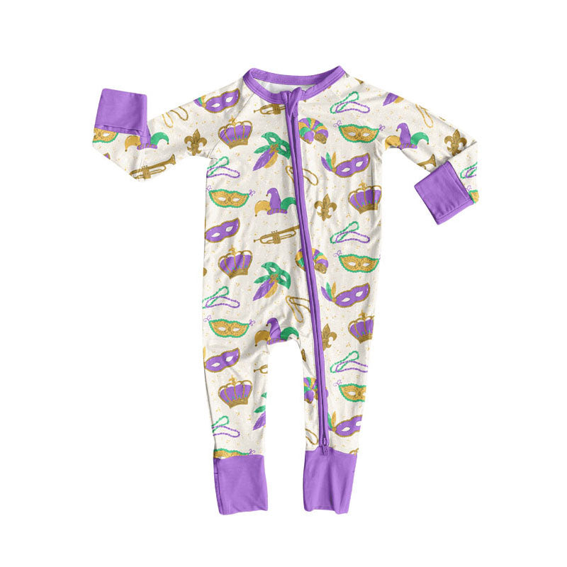 Preorder (moq 5)Baby Girls Mardigras Anchors Masks Zipper Footie Rompers