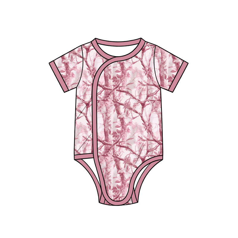 Preorder (moq 5) Baby Girl Clothes Dusty Pink Tree Trunk Branch Camo Print Short Sleeve Side Snap Romper
