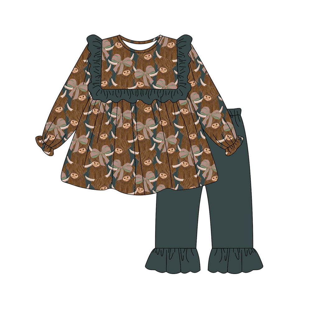 Preorder (moq 5)Baby Girls Bows Highland Cows Tunic Ruffle Pant Western Clothes Sets