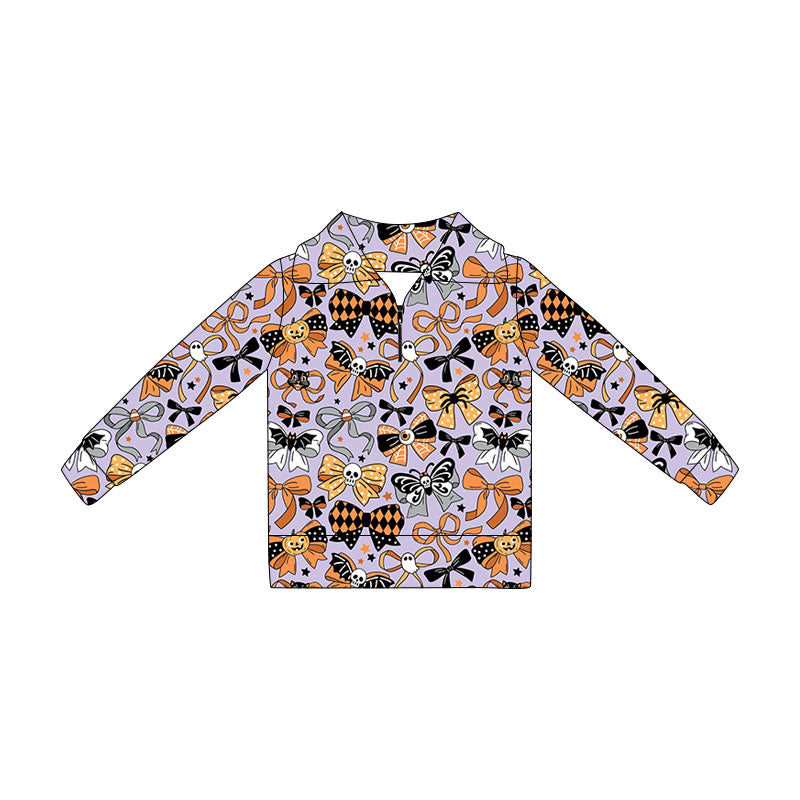 Preorder (moq 5)Baby Girls Long Sleeve Ghost Bows Halloween Zip Pullovers Top