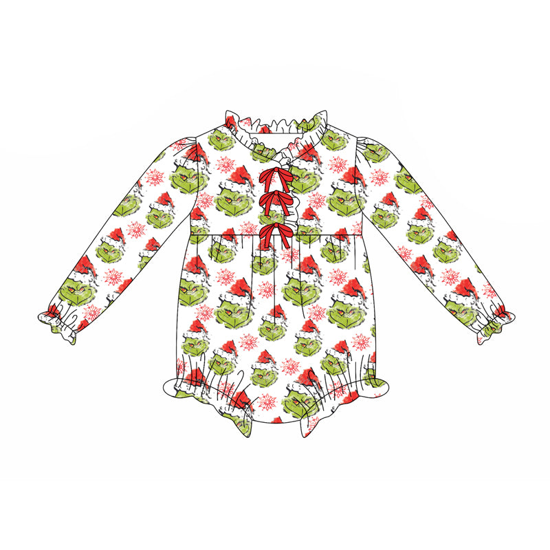 Preorder(moq 5)Baby Girls Green Face Snowflake Plaid Button Christmas Ruffle Rompers