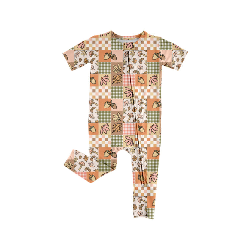 Preorder (moq 5)Baby Girls Short Sleeves Flowers Leaves Plaid Zipper Pant Rompers