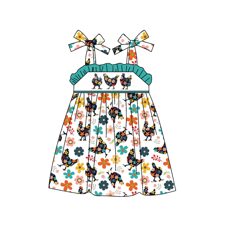 Preorder (moq 5)Baby Girls Chicken Flowers Straps Knee Length Dresses