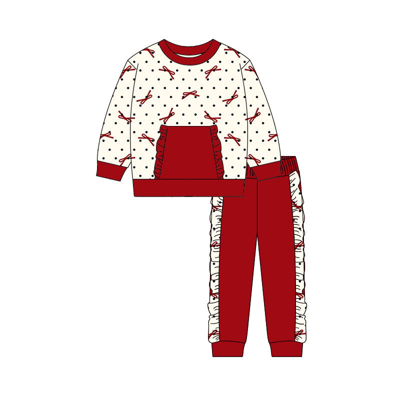 Preorder(moq 5) Baby Girls Red Bows Polka Dots Pocket Top Ruffle Pants Valentine Clothes Sets