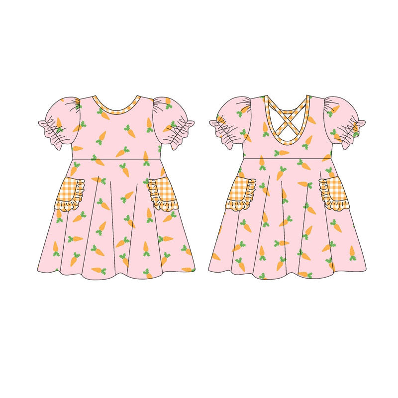 Preorder(moq 5) Baby Girls Short Ruffle Sleeve Carrots Pockets Easter Knee Length Dresses