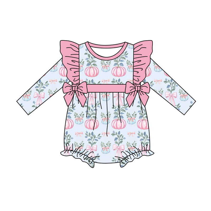 Preorder (moq 5)Baby Girls Long Sleeves Floral Pumpkins Bows Ruffle Romper