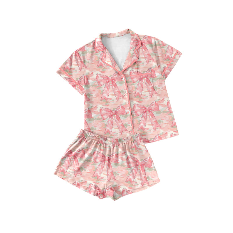 Preorder (moq 5)Baby Girls Short Sleeves Peach Camo Bows Button Pocket Top Shorts Pajamas Set