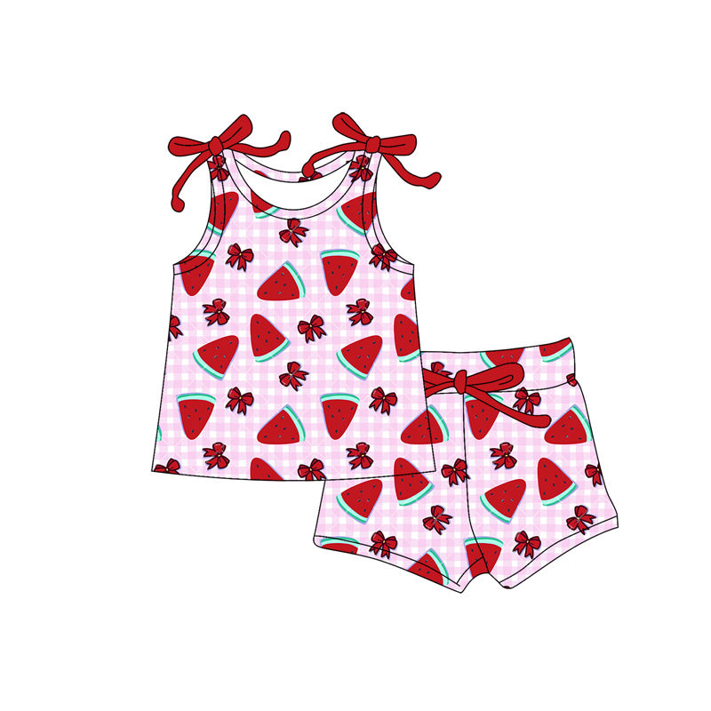 Baby Girls Pink Checked Bows Strawberry Vest Shorts Clothes Sets Preorder