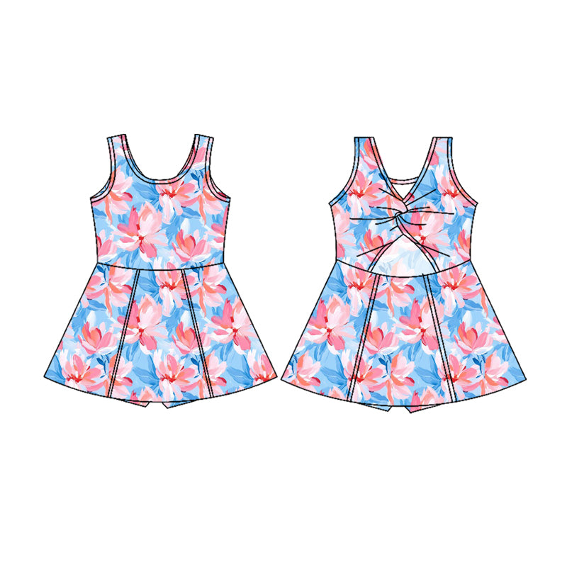 Preorder (moq 5)Baby Girls Sleeves Blue Red Watercolor Flower Shorts Yoga Knee Length Dresses