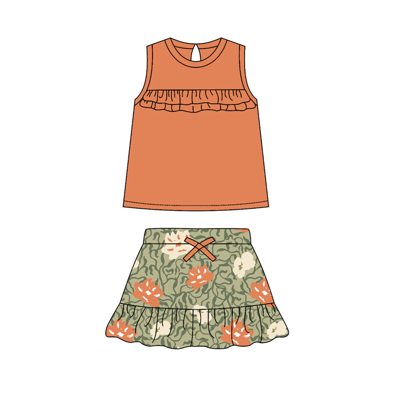 Preorder (moq 5)Baby Girls Orange Sleeves Tunic Green Ruffle Skirt Sets