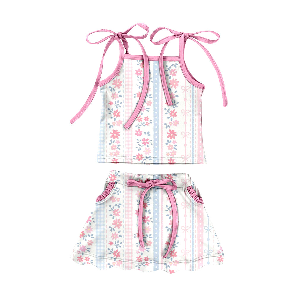 Preorder (moq 5)Baby Girls Bow Flowers Stripe Top Pockets Scallop Skirt Shorts Swimsuits Clothes Set