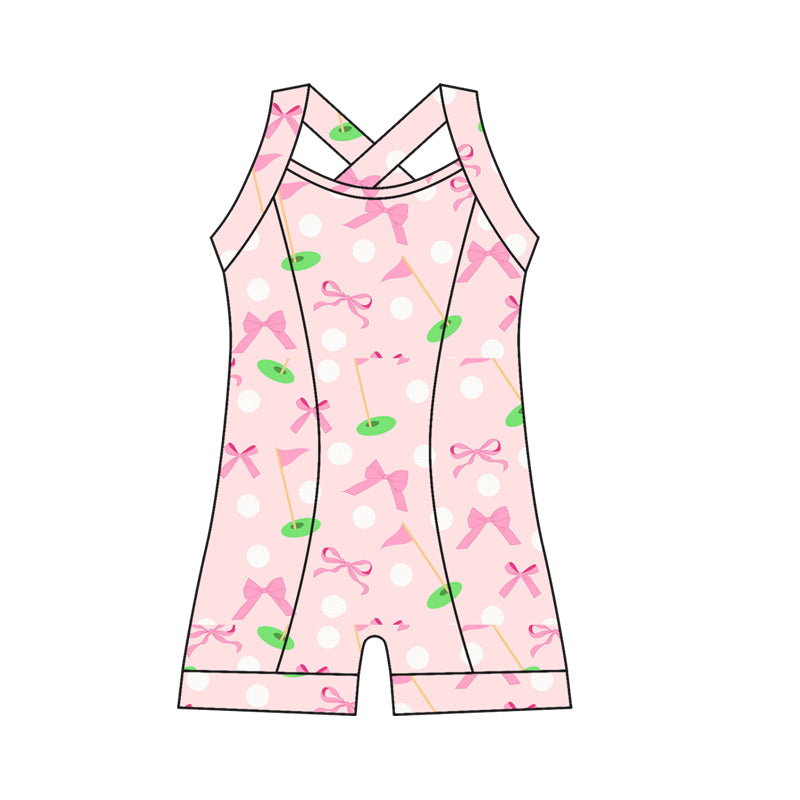 Preorder moq 10 Baby Girls Strap Pink Golf Flags Bows Activity Wear Yoga Jumpsuits