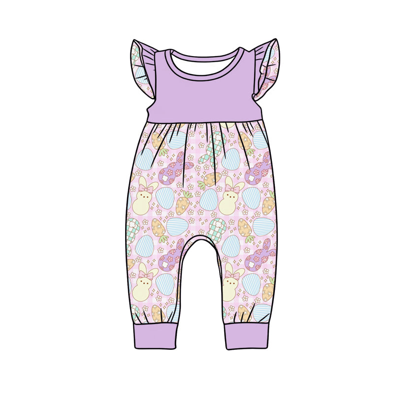 Preorder (moq 5)Baby Girls Flutter Sleeve Colorful Flowers Rabbits Easter Pant Rompers