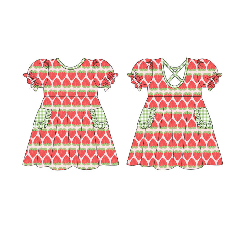 Preorder(moq 5) Baby Girls Short Ruffle Sleeve Strawberry Stripe Pockets Knee Length Dress