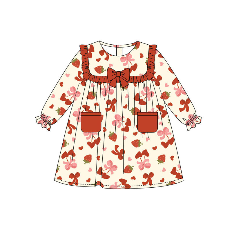 Preorder(moq 8)Baby Girls Hearts Strawberry Pocket Valentine Knee Length Dresses