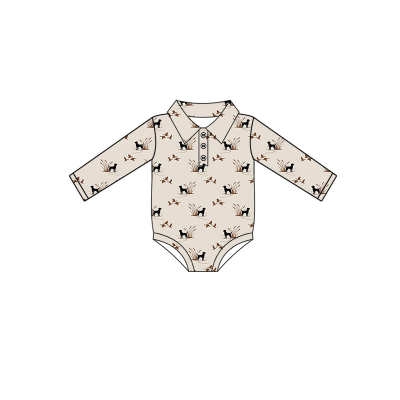 Preorder (moq 5)Baby Boys Long Sleeve Dogs Ducks Hunting Button Rompers