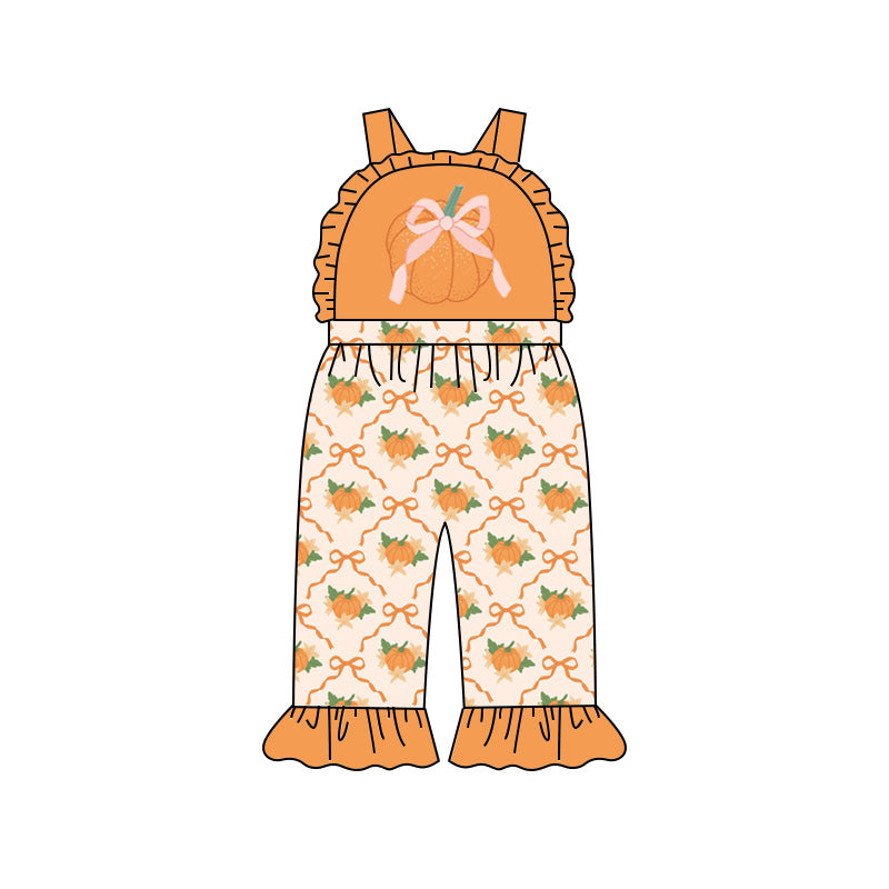 Preorder (moq 5)Baby Girls Strap Bows Pumpkins Fall Ruffle Pant Jumpsuits