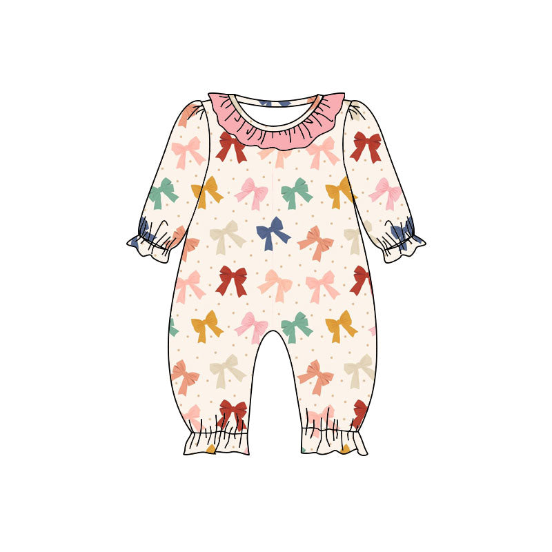 Preorder (moq 5)Baby Girls Colorful Bows Polka Dots Valentine Ruffle Footie Rompers