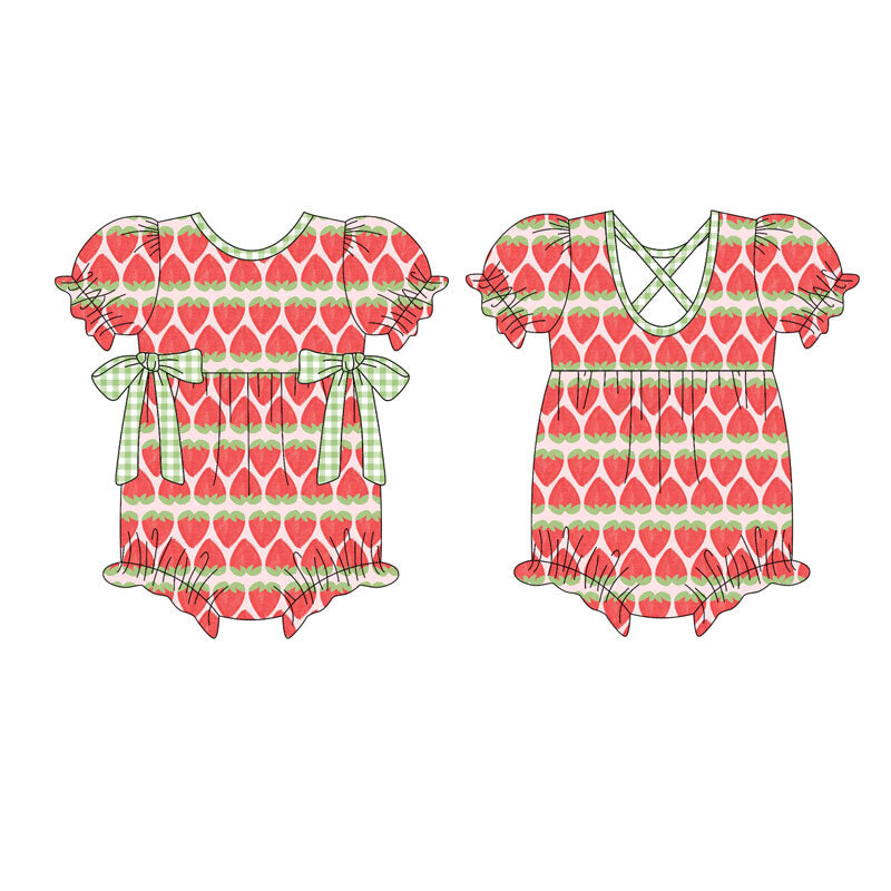 Preorder (moq 5)Baby Girls Short Ruffle Sleeve Strawberry Stripe Bows Rompers