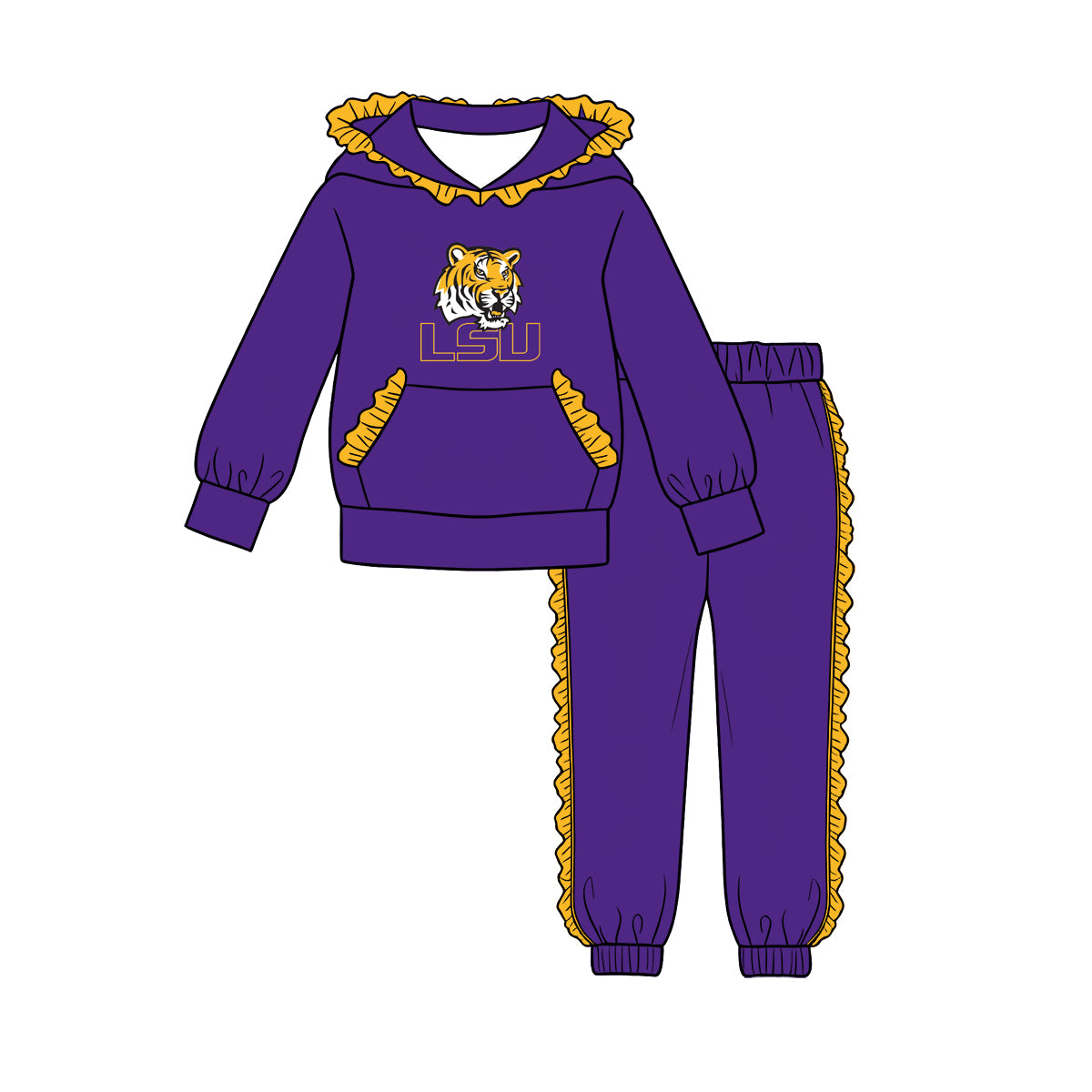 Preorder (moq 5) Baby Girls’ Purple Team Pocket Hoodie & Ruffle Joggers Set