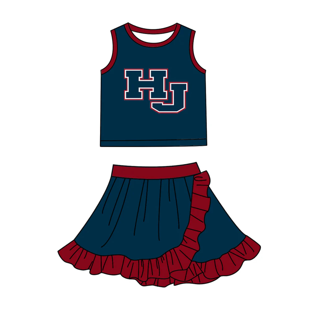Preorder (moq 5)Baby Girls Navy HJ Vest Top Ruffle Skirt Short Team Clothes Sets