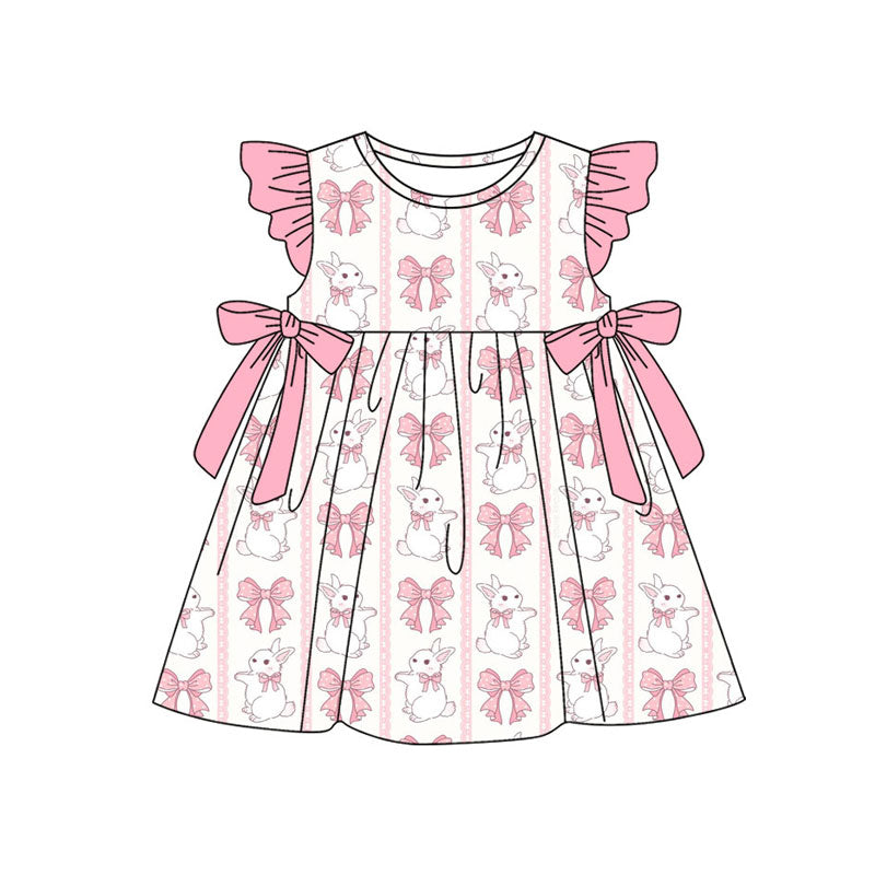 Preorder(moq 5) Baby Girls Pink Flutter Sleeve Bows Rabbits Stripe Easter Knee Length Dresses