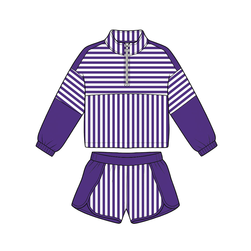 Preorder (moq 5)Baby Girls Long Sleeve Purple Stripe Zip Pullovers Short Clothes Set