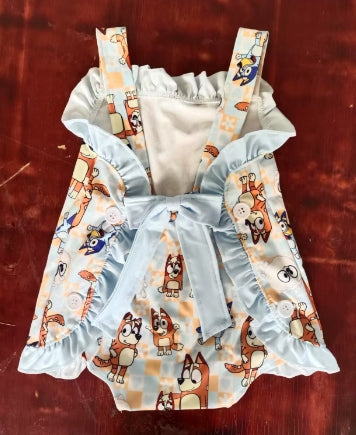 Preorder moq 5 Baby Girls Strap Cartoon Dogs Ruffle Rompers
