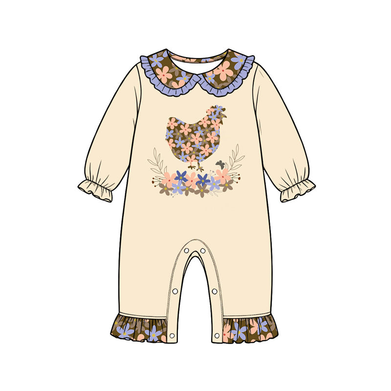 Preorder (moq 5) Baby Girl Clothes Floral Chicken Graphic Print Long Sleeve Ruffle Romper