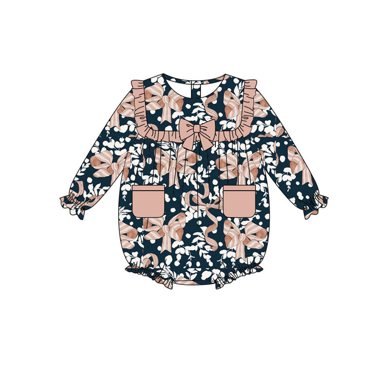 Preorder(moq 8)Baby Girls Floral Bows Pockets Ruffle Sleeve Rompers