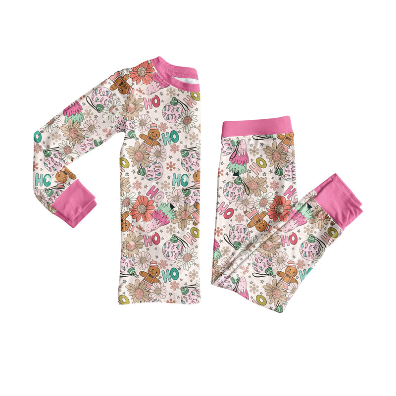 Preorder (moq 5)Baby Girls Long Sleeves Pink Flowers Gingerbread Top Pants Pajamas Set