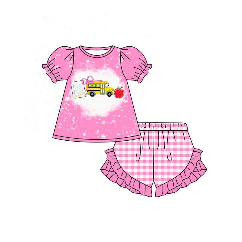 Preorder (moq 5)Baby Girls Bus Pencil Apples Top Ruffle Checked Short Back to School Sets
