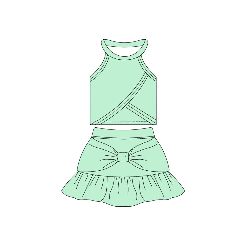 Preorder moq 10 Baby Girls Aqua Sleeveless Vest Top Bow Ruffle Short Skirts Activity Wear Yoga Set