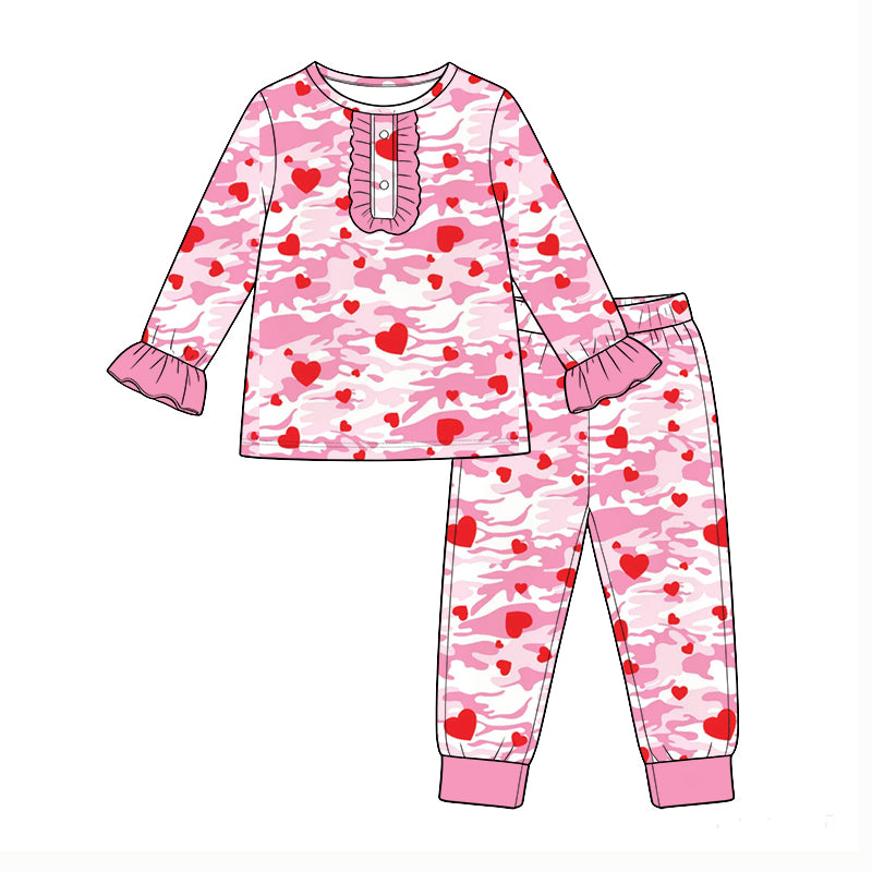 Preorder (moq5) Baby Girls Pink Camo Hearts Button Top Pant Valentines Pajamas Set