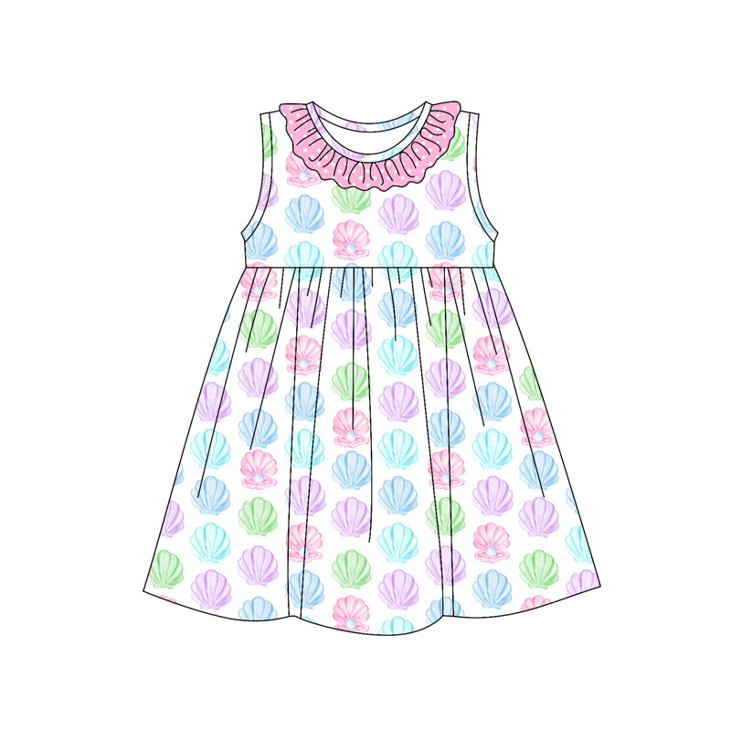 Preorder (moq 5)Baby Girls Pink Sleeveless Colorful Shell Pearl Round Collar Knee Length Dresses