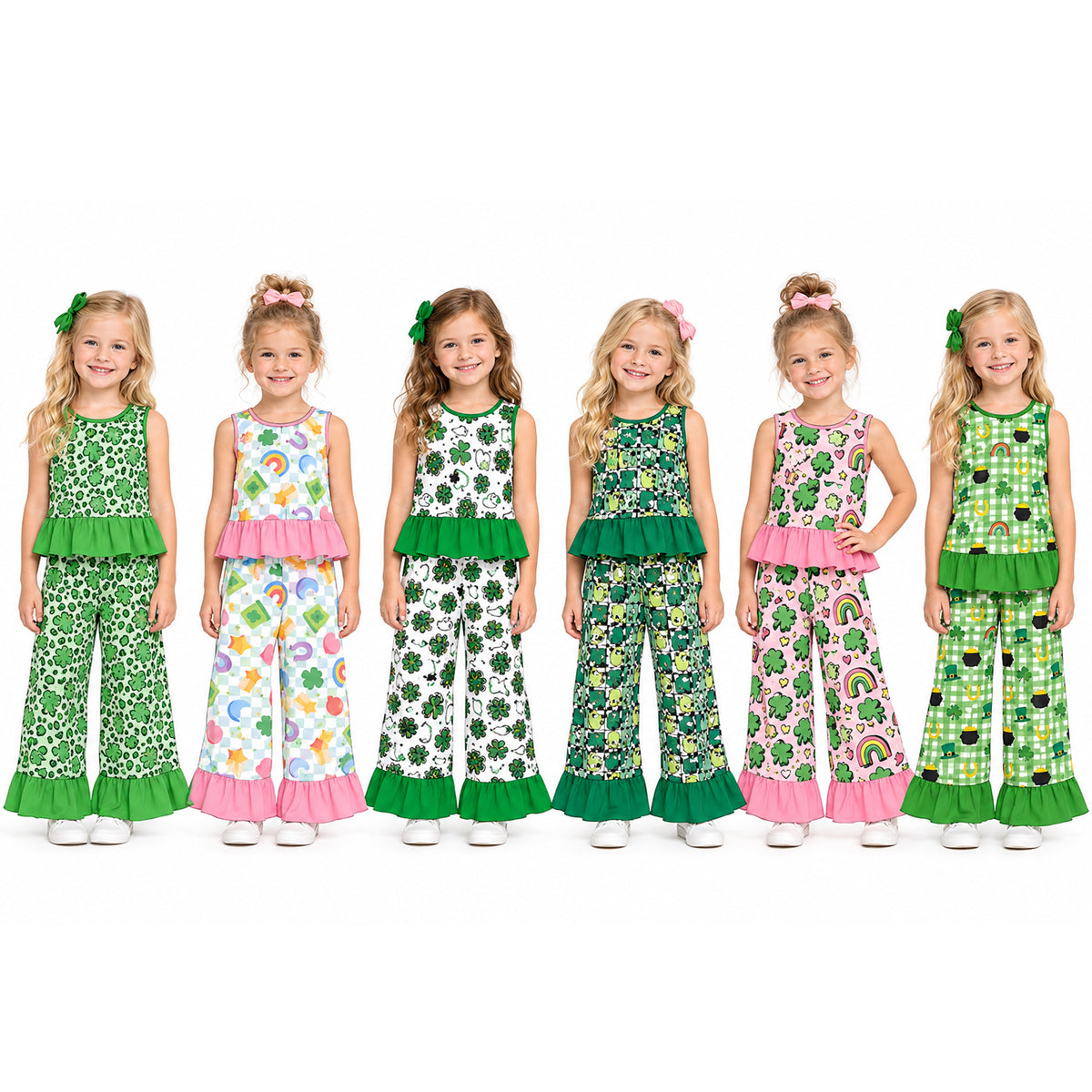 Preorder (moq 5) Baby Girl Clothes St Patrick's Day Rainbow Clover Heart Cartoon Print Sleeveless Ruffle Top Flare Pant Set