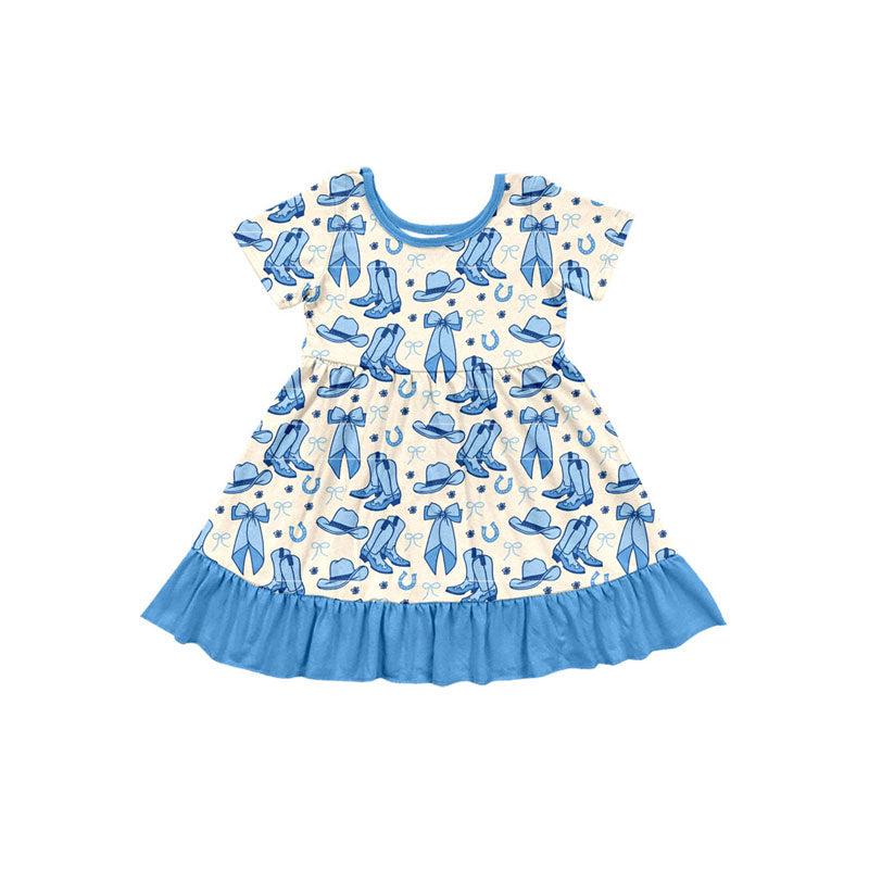 Preorder (moq 5)Baby Girls Bows Boots Hats Western Ruffle Knee Length Dresses
