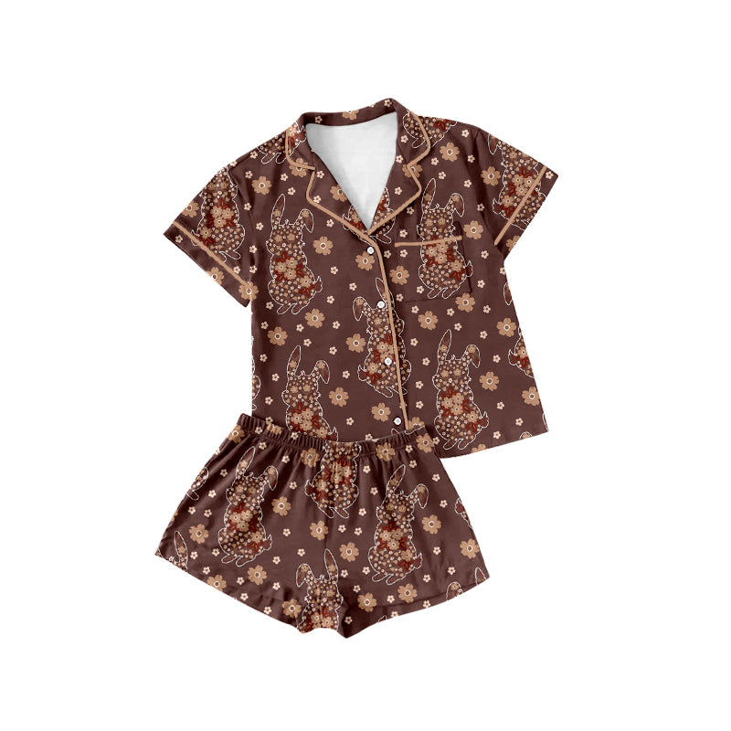 Preorder (moq 5)Baby Girls Brown Flowers Rabbits Pockets Button Top Shorts Easter Pajamas Sets