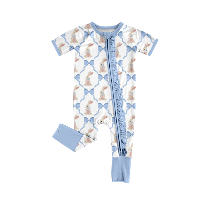 Preorder (moq 5)Baby Girls Blue Bows Rabbits Easter Two Way Ruffle Zip Convertible Rompers
