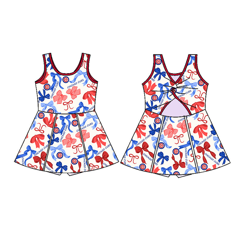 Preorder (moq 5)Baby Girls Sleeveless Blue Red Bows Plaid Chicago Cubs Short Team Knee Length Dresses